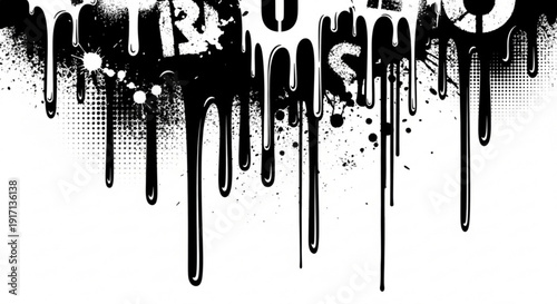 A black and white vector graphic illustration of a grunge style design with dripping ink and splatters