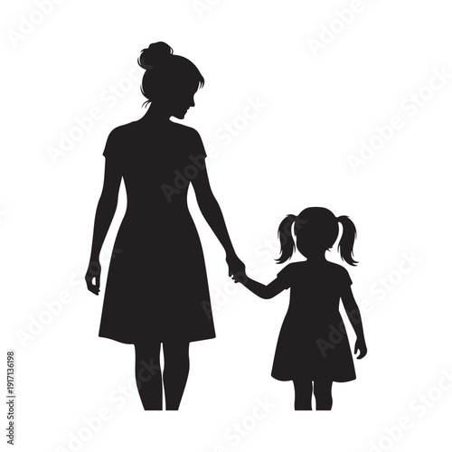 Silhouette of a woman and a little girl holding hands