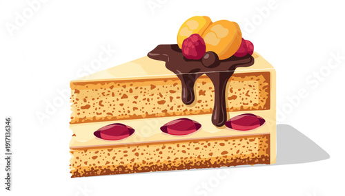 Creamy Layered Cake Slice with Chocolate Topping Vector Illustration Isolated on White Background