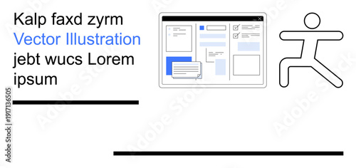 Digital marketing, UI design, website creation, user experience, abstract concepts, online services. Website layout visuals with text, and abstract running figure. Digital marketing and UI design