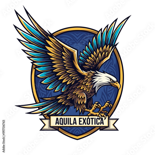Dynamic flying eagle illustration in shield crest with banner