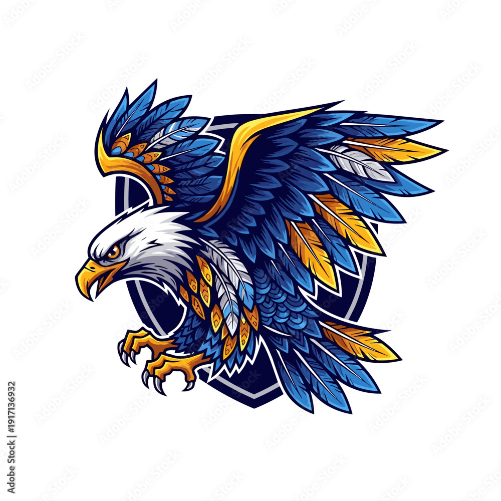 Fototapeta premium Fierce blue and gold eagle mascot with spread wings and sharp talons