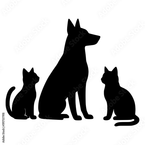 Minimalist Silhouette of Dog and Cats Sitting Together
