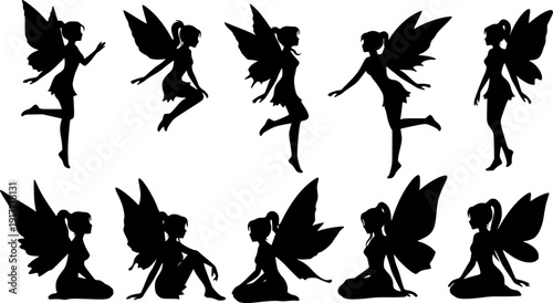 Beautiful fairy side view silhouette black filled vector Illustration icon set.