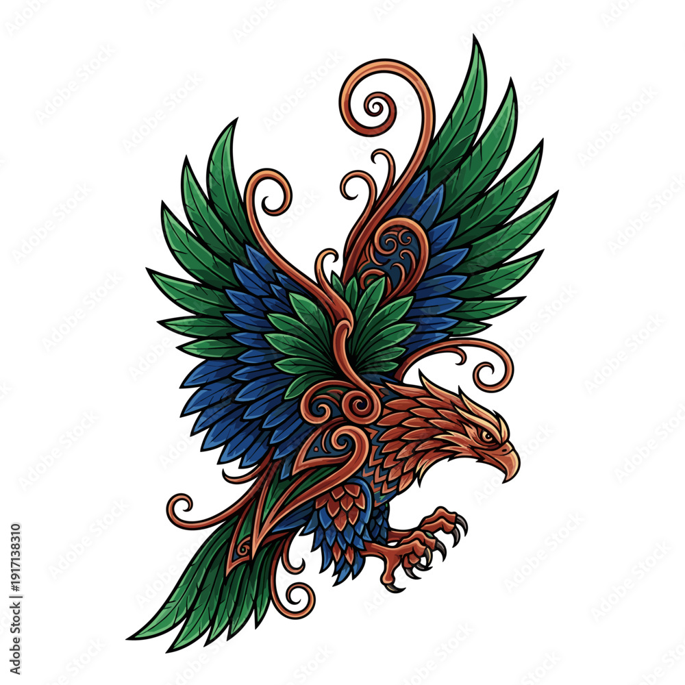 Fototapeta premium Stylized ornamental eagle with spread wings and vibrant decorative patterns