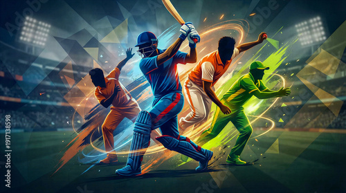 Eye-catching cricket championship poster featuring three rival teams, modern vector illustration, dramatic lighting, and abstract motion shapes for high-impact sports marketing and promotional use.