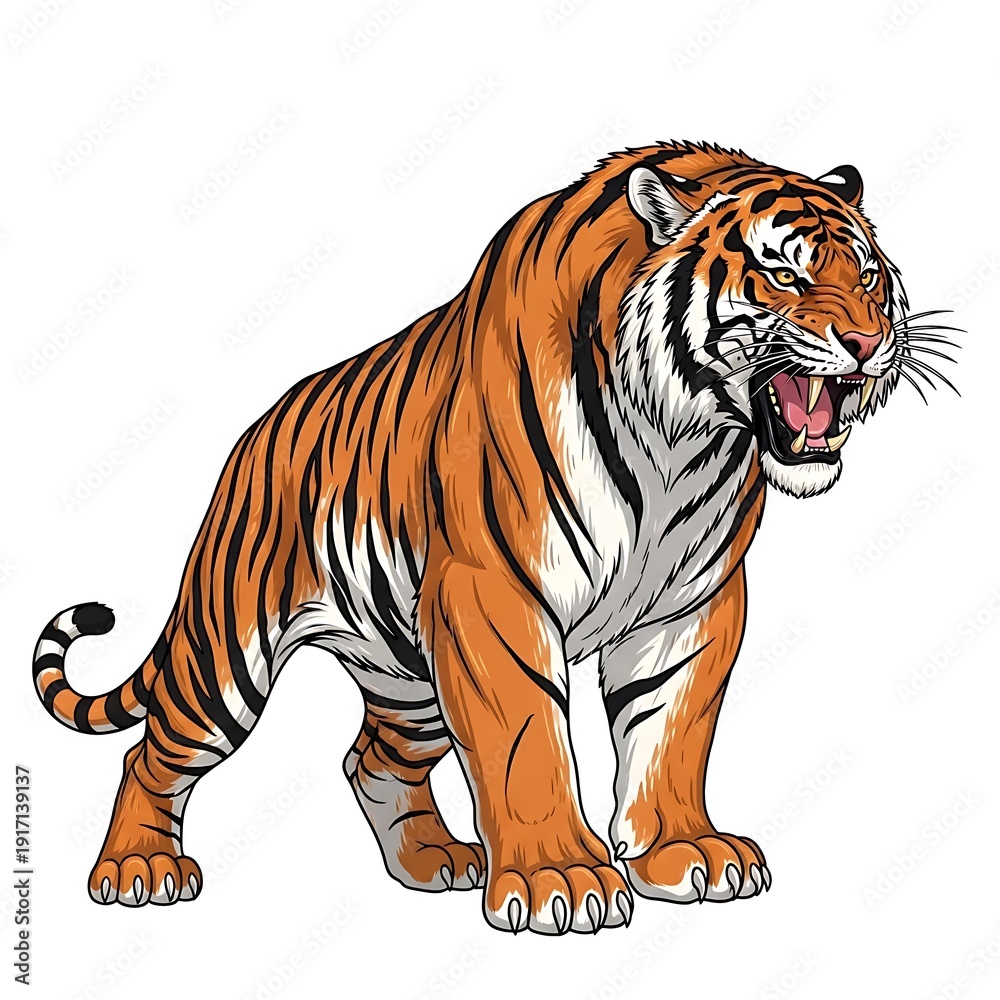 Obraz premium Cartoon illustration of an aggressive tiger snarling with an open mouth on a white background