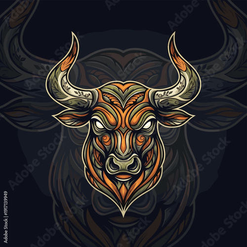 Stylized bull head illustration with intricate patterns on a dark background