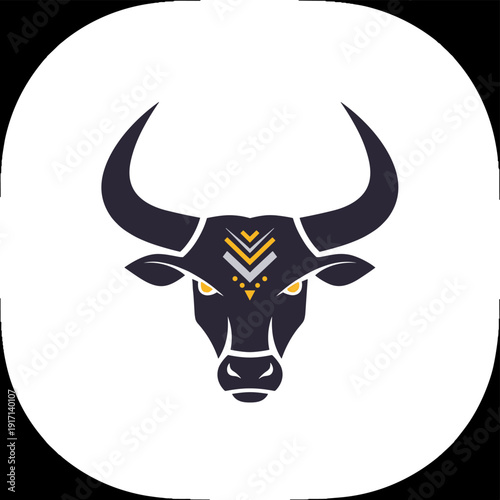Stylized bull head logo with geometric patterns and yellow eyes