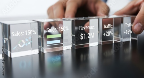 KPI reporting cubes aligned manually using crisp foreground focus and subtle white background blur.