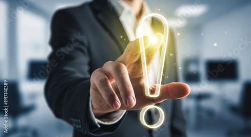 Business hand touching a virtual exclamation point to acknowledge a system alert.