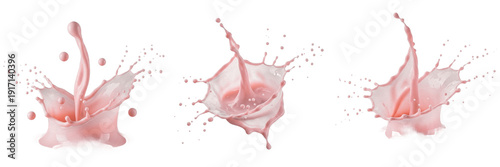 Strawberry milk splash isolated on white background, pink milk liquid droplets, fruit milk beverage pour, dessert drink splash, strawberry flavor milk photography, creamy milk illustration, strawberry