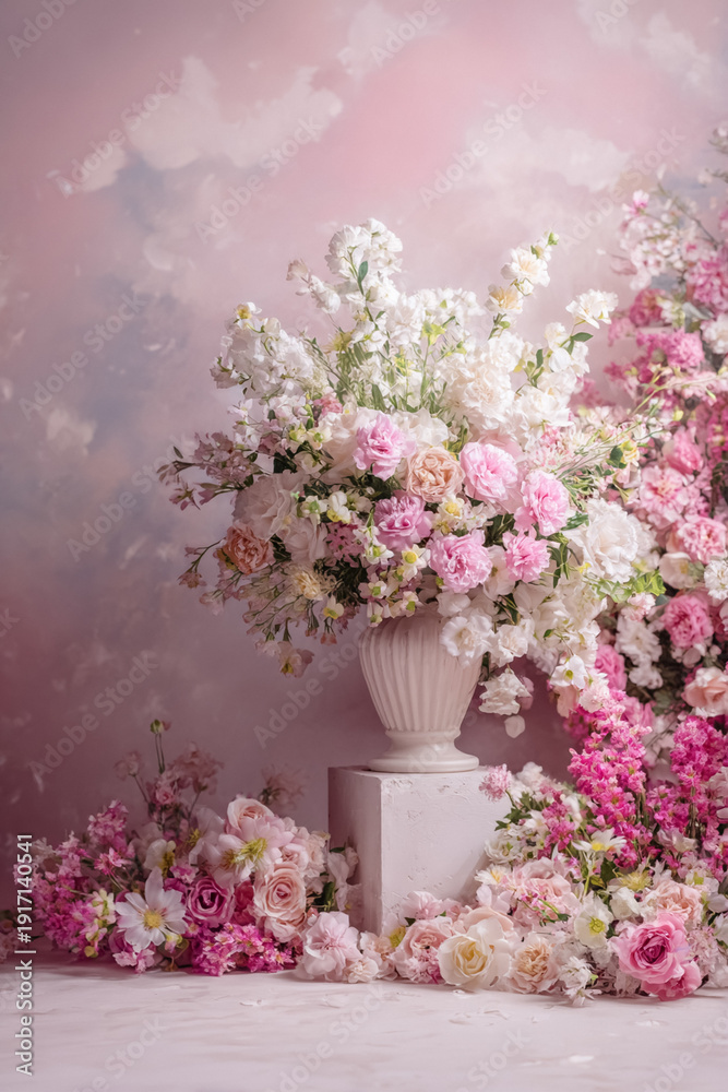 Obraz premium Romantic pink and white flower arrangement for a wedding, special event, or celebration setup with pastel clouds background