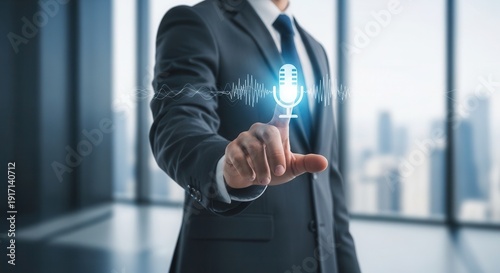 Businessman hand touching a virtual microphone to use voice recognition software and dictate commands.