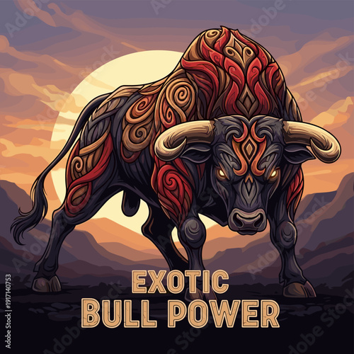 Stylized ornate bull standing powerful against a dramatic sunset sky