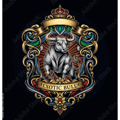 Powerful exotic bull crest with golden crown and ornate baroque frame
