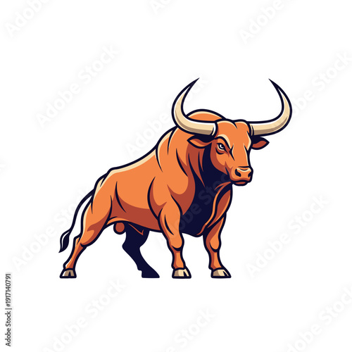 Powerful orange bull standing with large horns in a confident pose
