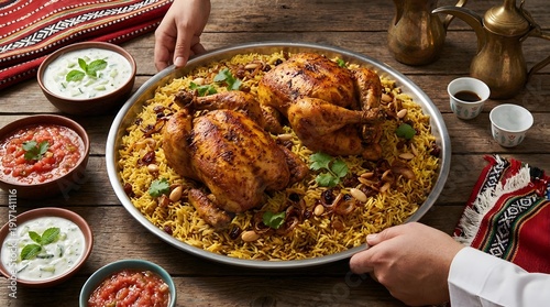 Traditional Saudi Chicken Kabsa served on large metal tray with yogurt and salsa