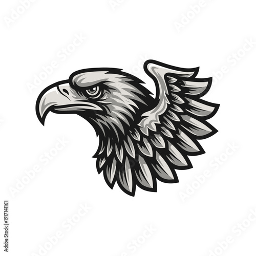 Stylized eagle head with powerful expression and partial wing on white background