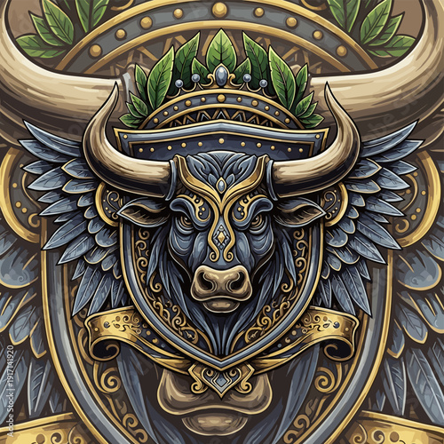 Ornate bull head crest with powerful wings and a leaf crown