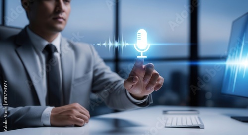 Businessman hand touching a virtual microphone to use voice recognition software and dictate commands.