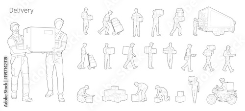 People for delivery project, package delivery personnel in CAD style line drawing. Architectural project