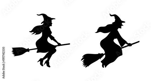 Silhouette witches flying on broomsticks halloween vector spooky witch broomstick design art