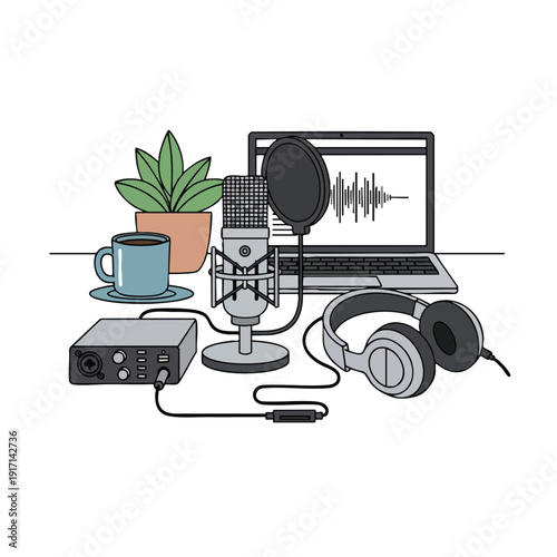 Modern Podcast Recording Studio Setup with Equipment and Microphone