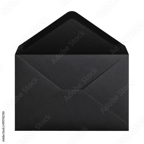 Elegant open black textured business envelope shown slightly ajar displaying the deep interior flap perfect for formal correspondence or important document delivery  