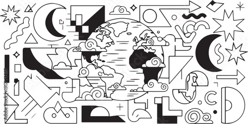 formas geométricas com planetas e formas de outras ilustrações