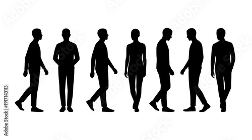 Seven walking human silhouettes of different genders and ages, walking together in the same direction. These silhouettes represent diversity, unity, and a sense of moving forward together