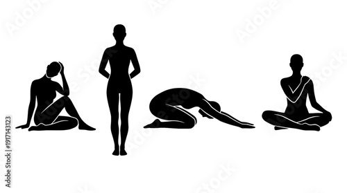 Yoga poses in different positions: a set of illustrations with black silhouettes representing various yoga poses, perfect for health and wellness enthusiasts