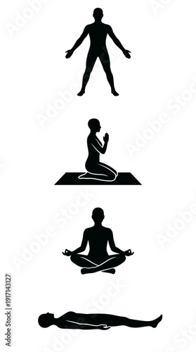 A person demonstrating various yoga poses, from standing to meditation and resting position