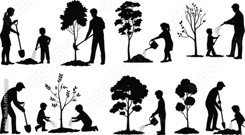 Family planting and watering trees silhouette vector illustration set, community gardening activity, environmental conservation concept, reforestation awareness, sustainable living, nature protection