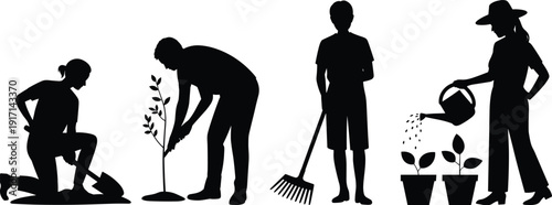 Family planting and watering trees silhouette vector illustration set, gardening teamwork activity, environmental conservation concept, reforestation awareness, sustainable living, nature protection