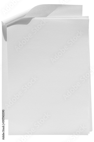 Collection of unwritten sheets of white paper is situated on a transparent background. The top sheet is inverted. Isolated