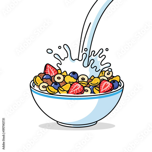 Fresh Multicolored Breakfast Cereal in a White Bowl with Milk Splash