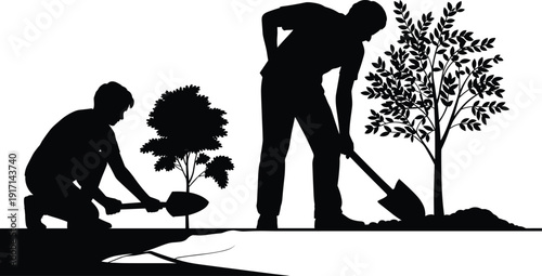 Father and son planting tree silhouette vector illustration, family gardening activity, environmental conservation concept, reforestation awareness, sustainable living, nature protection design