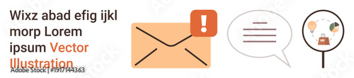 Email marketing, notifications, online messaging, digital services, e-commerce, communication. Envelope with exclamation mark, speech bubbles magnifying glass. Email marketing and notifications