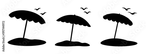 Silhouette beach umbrellas and birds summer vacation design vector graphic illustration art