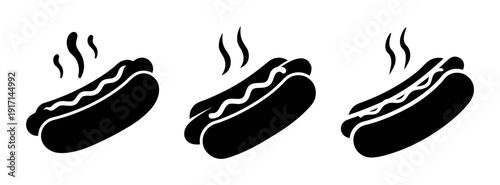 Delicious hot dog vector illustration of classic american fast food with mustard and steam effect