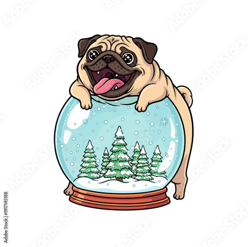 Cute pug playfully leaning on a snow globe with winter scene