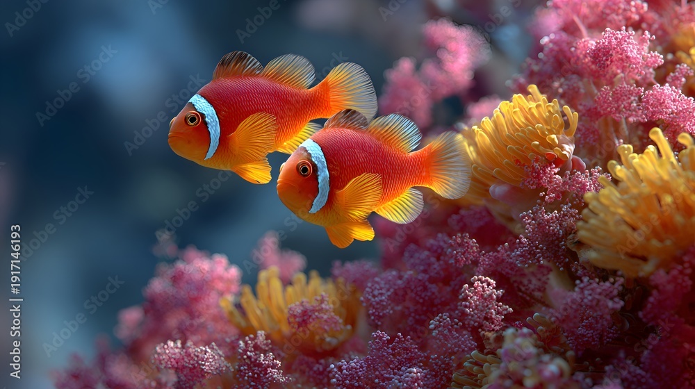 Obraz premium Two colorful clownfish swim near vibrant coral reefs in the clear blue ocean, showcasing the beauty of underwater marine life peacefully.