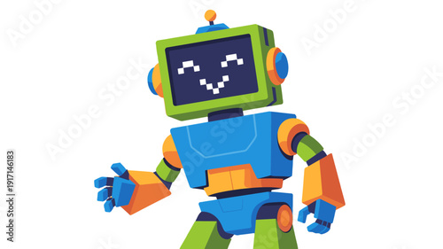 A friendly robot with a cheerful smile and welcoming gesture.