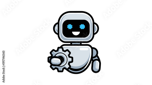 A friendly robot holding a gear.