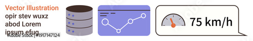 Data analysis, tech visualization, database management, analytics tools, performance metrics, speed monitoring. database servers, analytics graph and a speedometer. Data analysis and tech