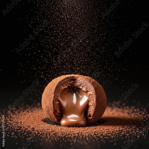 Decadent Chocolate Truffle with Flowing Center and Falling Cocoa Dust