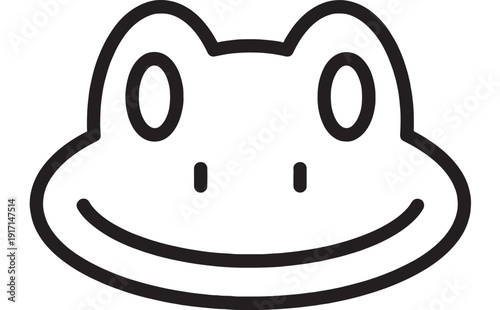 Frog face icon in bold black outline, cute smiling amphibian head symbol isolated on white background, minimal cartoon mascot logo for kids and web app UI