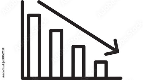 Bar chart icon with downward arrow showing declining business performance, financial loss, recession, negative trend, market crash analytics and falling sales report