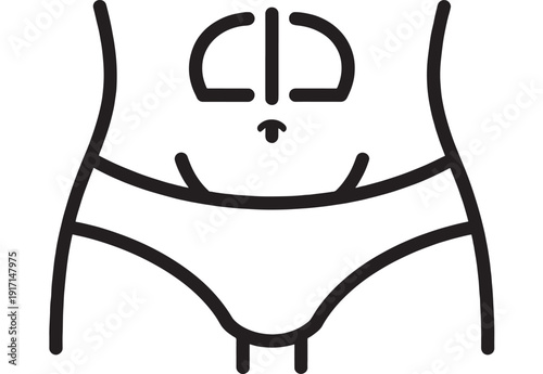Lower abdomen line icon showing belly button and underwear on female torso, minimal black outline illustration for body care, fashion, hygiene, or waxing concept